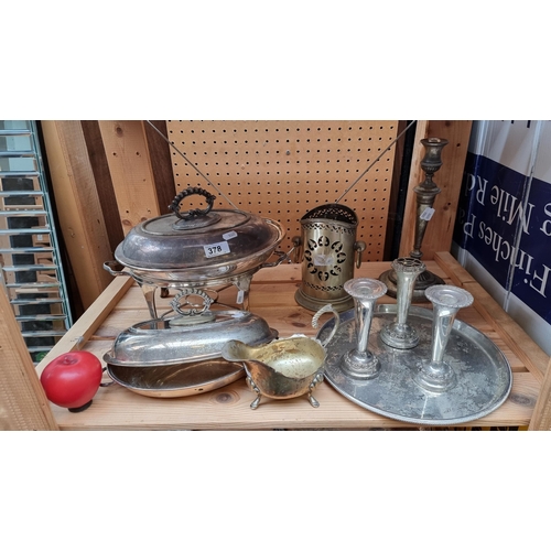 378 - A selection of antique silverplated items including a chafing dish, a lidded tureen, wine bottle hol... 