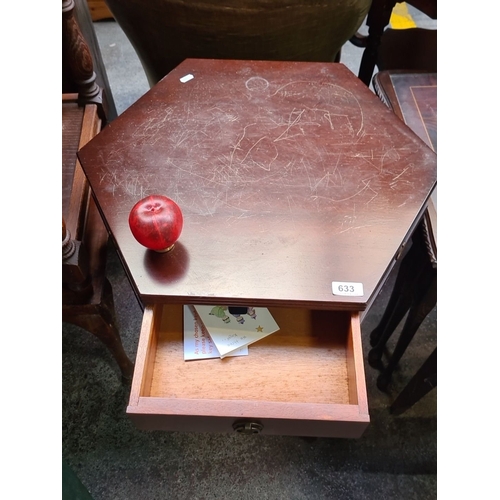 633 - Mahogany Hexagonal Side Table, from the mid-20th century, features a single drawer with brass pulls ... 