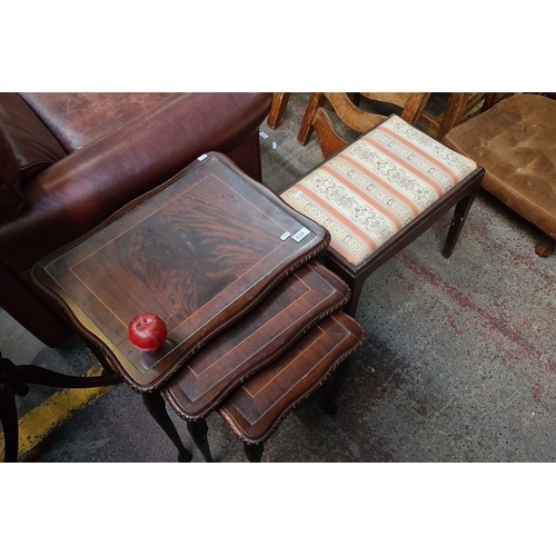 634 - Vintage walnut nesting tables with scalloped edges and an upholstered wood bench with a patterned fa... 