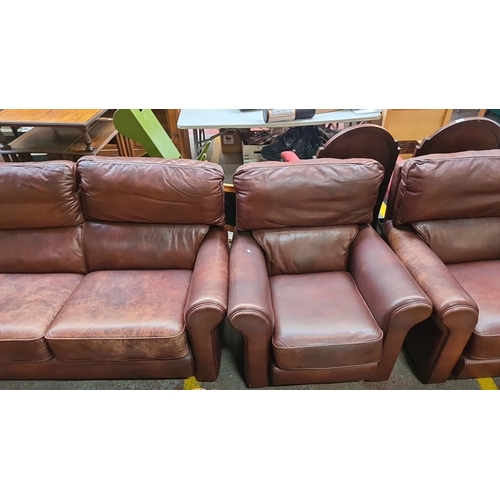 636 - Star Lot : A very handsome, clean Modern brown leather three-piece lounge suite, including a two-sea... 