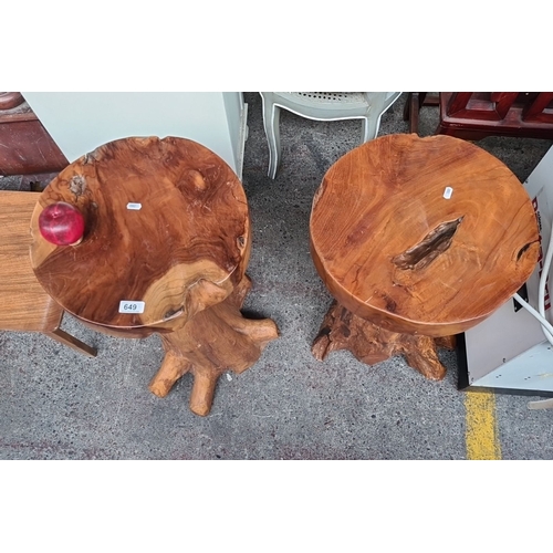 649 - Pair of rustic live-edge tree stump tables made of solid natural wood, features hand-carved organic ... 