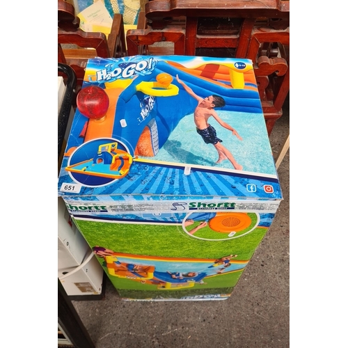 651 - H2OGO! Inflatable Water Play Center, brand new in box. Features slide, basketball hoop, and water ac... 