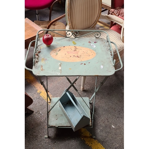 664 - Vintage folding tea trolley, painted metal with a 