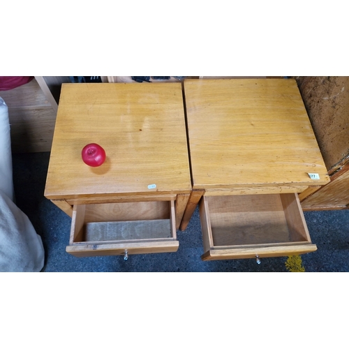 677 - Pair of very good mid-century light oak bedside tables feature single drawers and chrome-tone pulls ... 