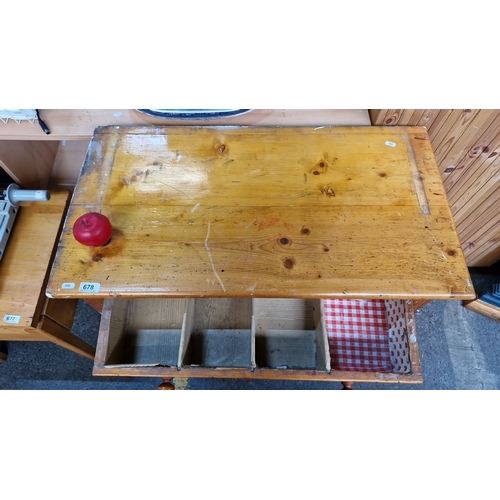 678 - Rustic mid-20th-century pine kitchen cabinet features a single drawer and two-door storage with a ch... 