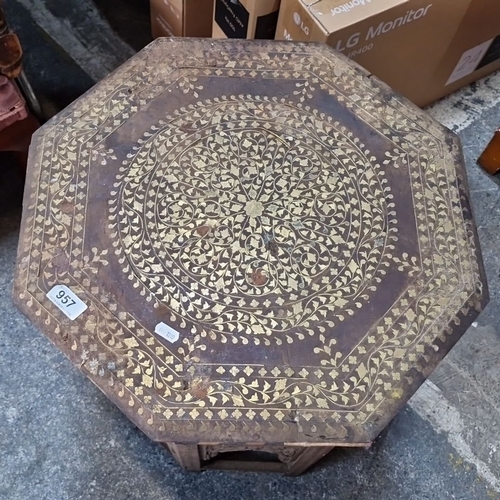 957 - 19th-century Anglo-Indian octagonal side table with intricate pierced wood carvings and inlaid brass... 