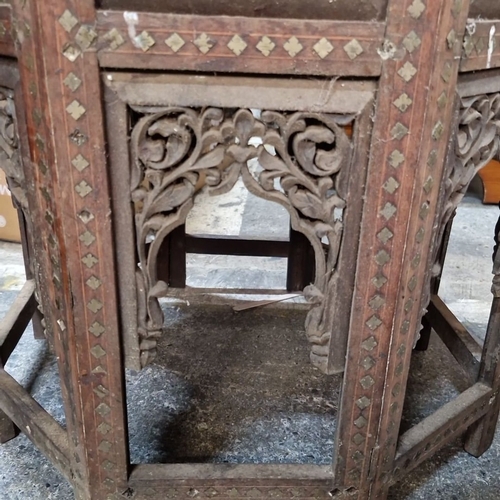 957 - 19th-century Anglo-Indian octagonal side table with intricate pierced wood carvings and inlaid brass... 