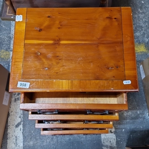 958 - Vintage wooden five-drawer chest with brass handles and a rich patina. Features dovetail joints and ... 