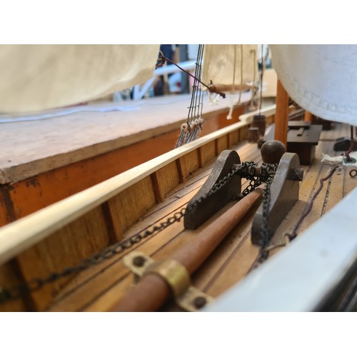 445 - Star Lot : A very large 5 cotton sail Wooden model of a schooner ship, complete with detailed riggin... 