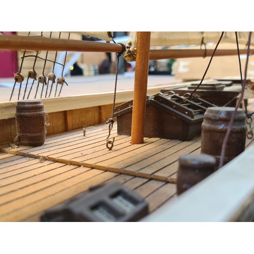 445 - Star Lot : A very large 5 cotton sail Wooden model of a schooner ship, complete with detailed riggin... 