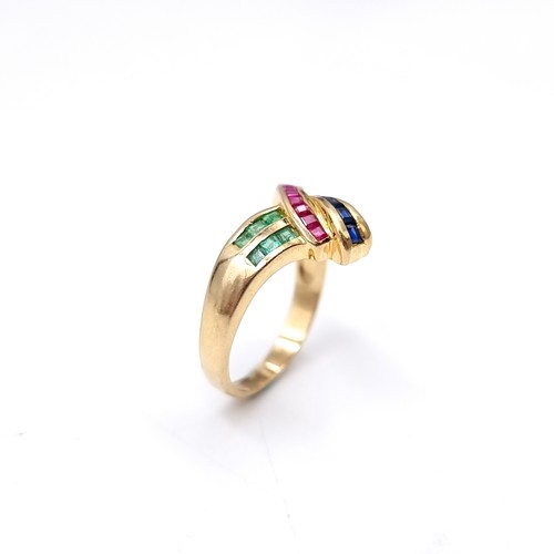 4 - Star Lot: : A 14 carat gold swirl mounted ring set with emeralds , sapphires & rubies. Ring size - N... 