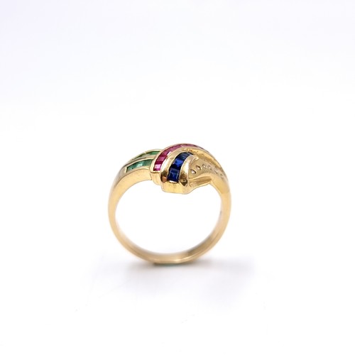 4 - Star Lot: : A 14 carat gold swirl mounted ring set with emeralds , sapphires & rubies. Ring size - N... 