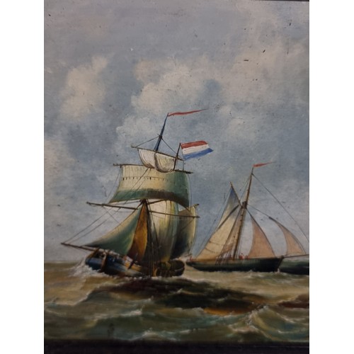 107 - Star Lot: A brilliant 19th century original oil on board painting. Features a nautical scene with sa... 