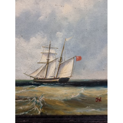 107 - Star Lot: A brilliant 19th century original oil on board painting. Features a nautical scene with sa... 