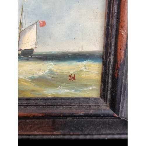 107 - Star Lot: A brilliant 19th century original oil on board painting. Features a nautical scene with sa... 