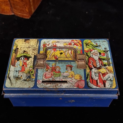 273 - Six vintage wooden and metal boxes including a charming 1950's tin savings box with compartments for... 