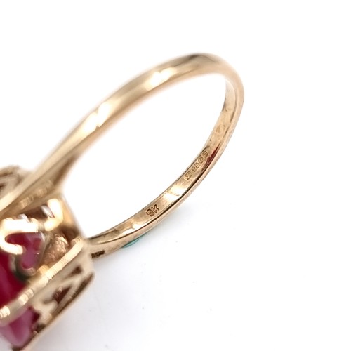 1 - Star Lot : A large ruby gemstone ring set in nine carat gold. Size - J 1/2. Weight - 3.38 grams. Box... 