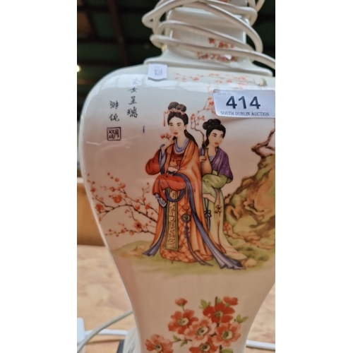 414 - A very large porcelain table lamp base featuring elegant Chinese figures and cherry blossom floral m... 