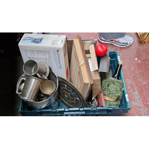 446 - Mixed lot including a HP Photosmart 945 camera in box, assorted metalware tankards, framed artwork, ... 