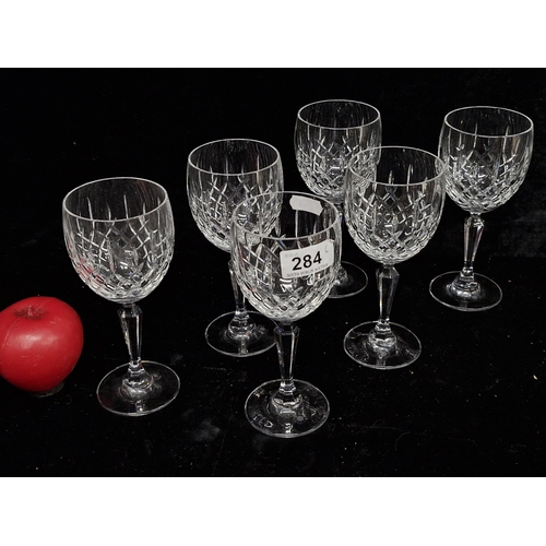 284 - A set of six Cavan Crystal hock wine glasses. All in excellent condition retaining acid mark to base... 