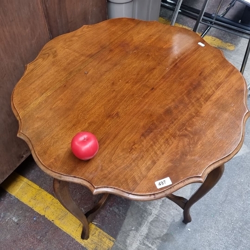 497 - An elegant red Mahogany window table with scalloped top and cabriole legs. Features a lower tier str... 