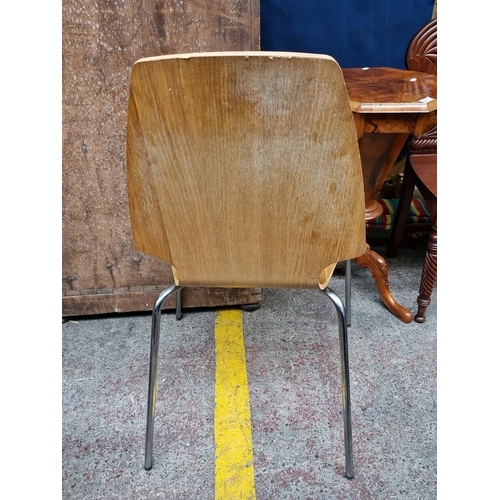 642 - Set of four danish style mid-century modern stacking chairs with contoured plywood seats, natural wo... 