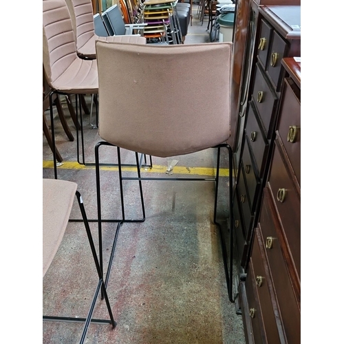 654 - Star Lot : Set of four Arper modern bar stools with cappuccino coloured upholstered seats and black ... 