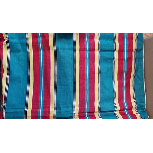 666 - Stripey fabric beech wind breaker canopy with wooden poles, featuring vibrant multicolored stripes. ... 