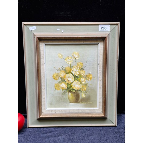 288 - An original 'Robert Cox' oil on canvas painting. Features a still life botanical study of flowers in... 