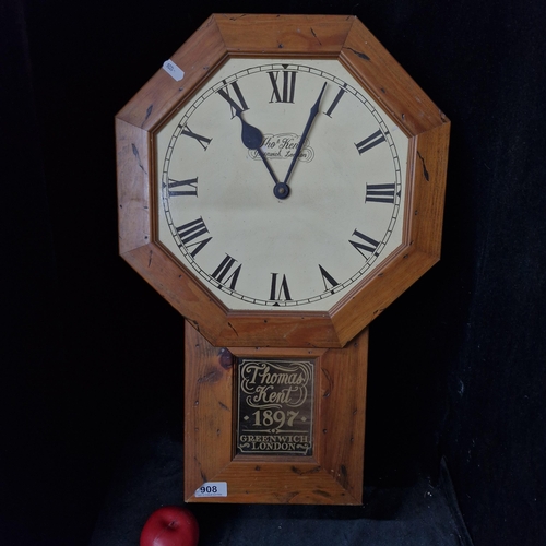 908 - A handsome reproduction Thomas Kent, Greenwich London wall clock featuring an octagonal face, Roman ... 