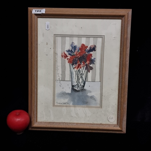 1391 - An original 'Sinead Wall' watercolour on paper painting. Features a still life study of flowers in a... 