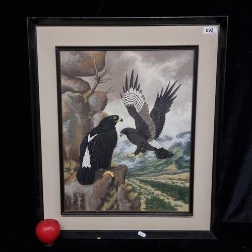 1394 - An original oil on board painting titled ' Black Eagles in the Mountains'. Features the titular orni... 