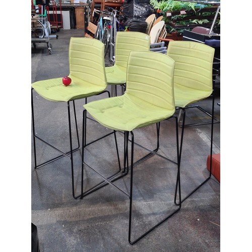 631 - Star Lot : Set of four Arper modern bar stools with lime green upholstered seats and black metal fra... 