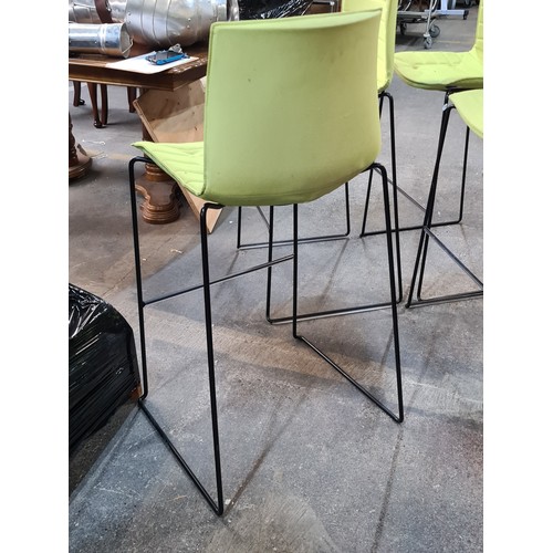 631 - Star Lot : Set of four Arper modern bar stools with lime green upholstered seats and black metal fra... 