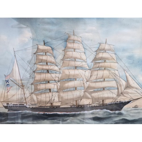 859 - Star lot : A very large antique watercolour on silk painting. Features a Carrick four masted longshi... 