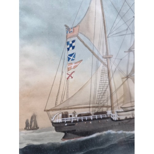 859 - Star lot : A very large antique watercolour on silk painting. Features a Carrick four masted longshi... 