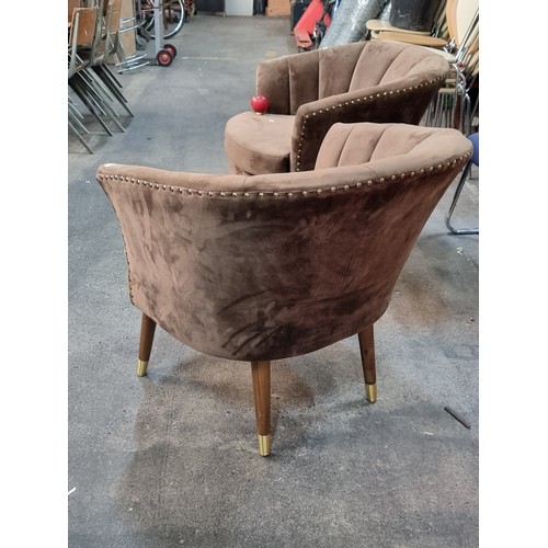 782 - Star Lot : A stunning matching pair of designer chocolate brown plush velvet tub chairs with tapered... 