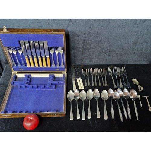 864 - A wooden canteen of silverplate cutlery including antique bone handled Harrison Fisher & Co, Sheffie... 