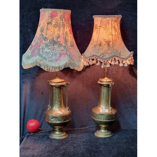 900 - An impressive pair of antique brass urn shaped vases converted into table lamps fitted with floral a... 