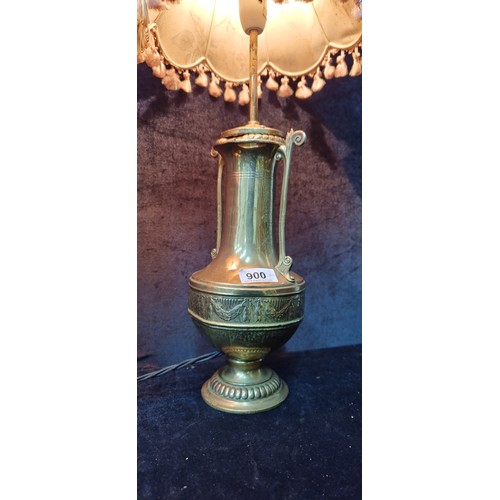 900 - An impressive pair of antique brass urn shaped vases converted into table lamps fitted with floral a... 