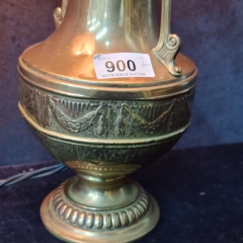 900 - An impressive pair of antique brass urn shaped vases converted into table lamps fitted with floral a... 