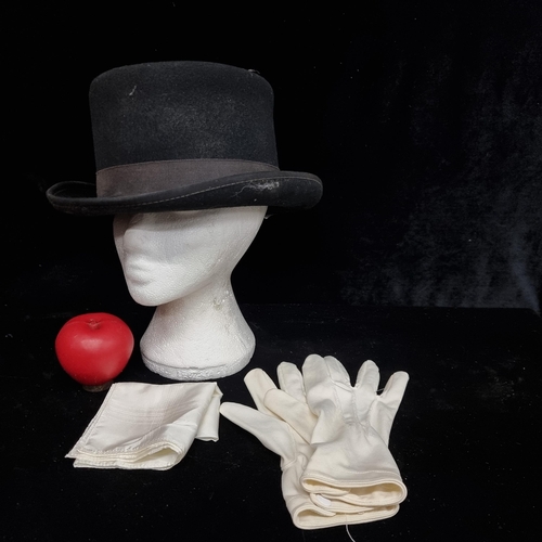 260 - A black wool Canadian made top hat from Canadian Beaver. Lot also includes white dress gloves and 10... 