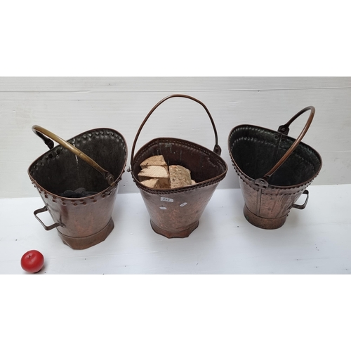 292 - Star Lot : Three fantastic 19th century  antique copper coal skuttles. All with swing handles and ha... 