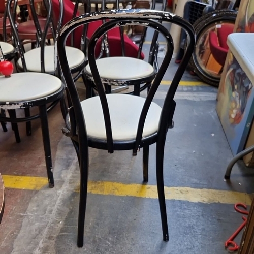 690 - Star Lot : Set of six vintage bentwood bistro chairs with black lacquered frames and white vinyl sea... 