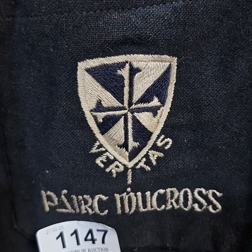 1147 - A Vintage Mucross College blazer with gold trim, featuring an embroidered crest reading 