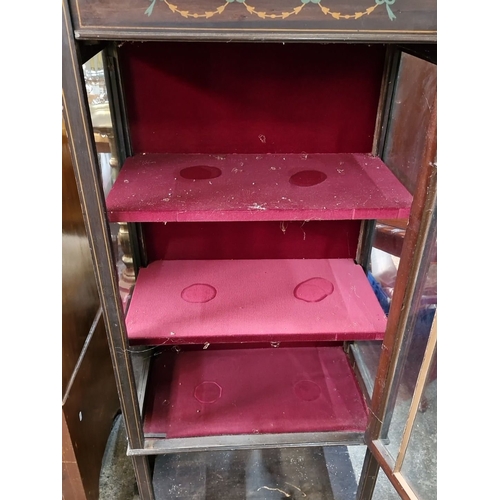 1159 - A Victorian wooden display cabinet with painted detailing, glass door, and red velvet-lined shelves.... 