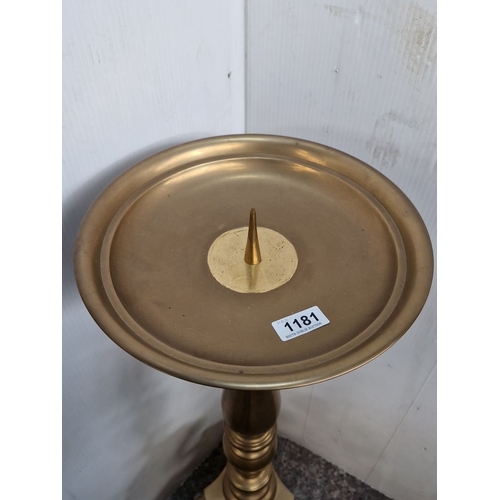 1181 - Star lot : Large antique very heavy solid brass altar candlestick, featuring a turned column, wide d... 