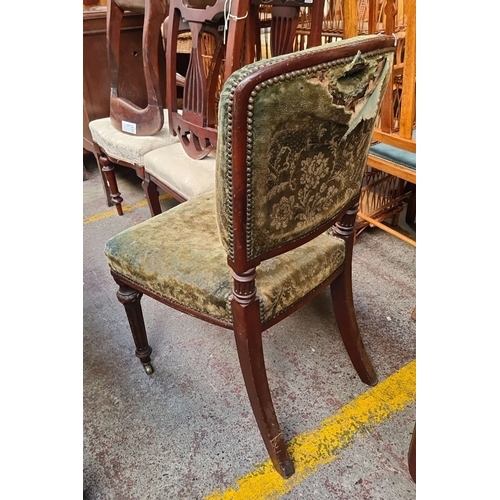 736 - 19th-century mahogany side chair features carved reeded legs and green velvet upholstery with a neoc... 