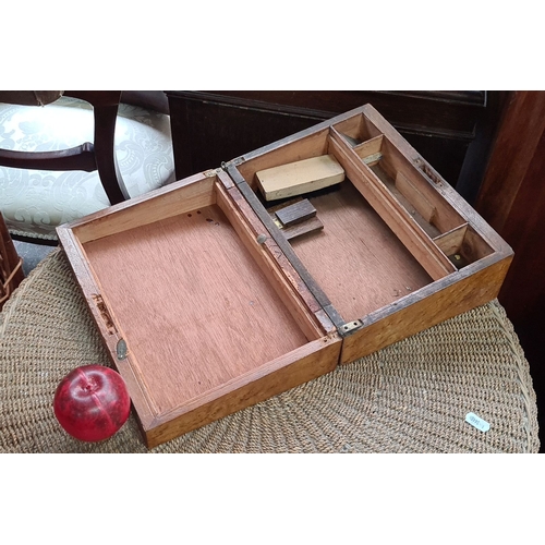 759 - 19th-century wooden writing slope with intricate inlaid decoration. Hinged lid opens to reveal a div... 