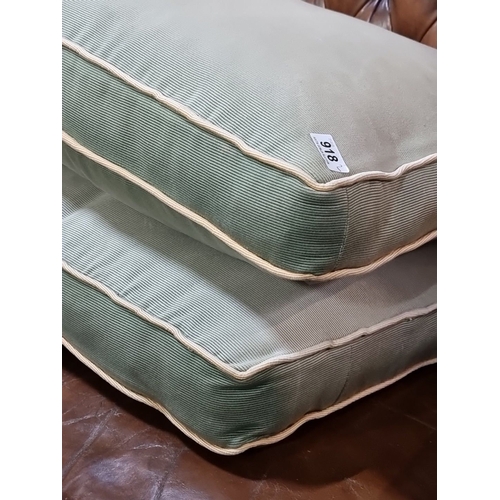 918 - A Pair of plush light green velvet upholstered cushions with contrast piping.